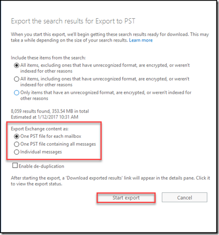 Export to PST from Office 365