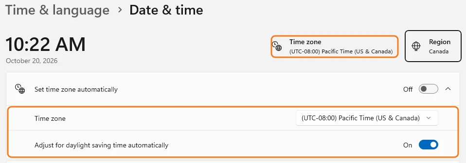 Windows 11 Date and time settings showing the time zone set to (UTC-08:00) Pacific Time (US & Canada), the old zone that will fall back an hour on November 1