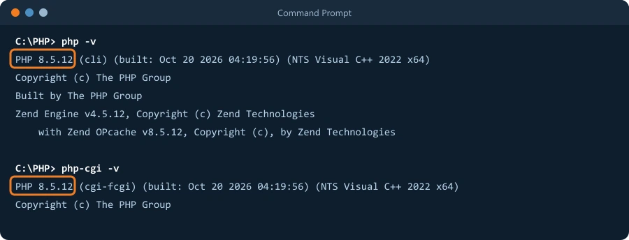 Command Prompt output of php -v and php-cgi -v, both showing PHP 8.5.12