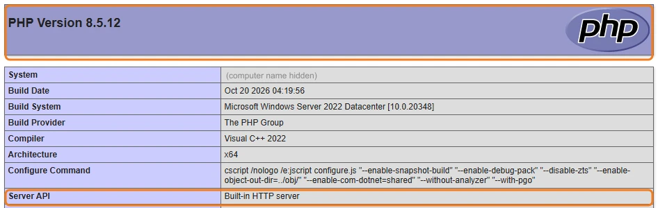 A phpinfo page showing PHP Version 8.5.12 at the top and the Server API row highlighted
