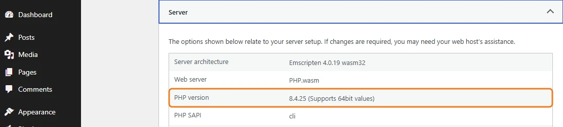 WordPress Site Health Info tab with the Server section open, showing PHP version 8.4.25