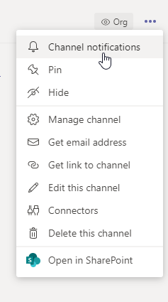 Vertical ellipses menu in a Microsoft Teams channel. Channel notifications menu item is highlighted.