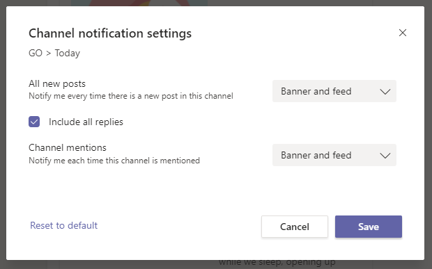 Channel notification settings in Microsoft Teams