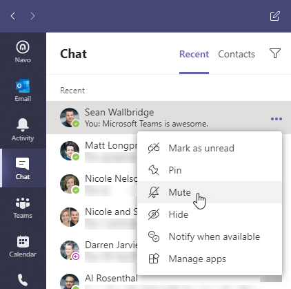 Chat menu in Microsoft Teams. Ellipses menu is open and Mute menu item is highlighted