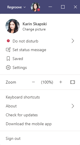 Microsoft Teams user menu with Do Not Disturb enabled