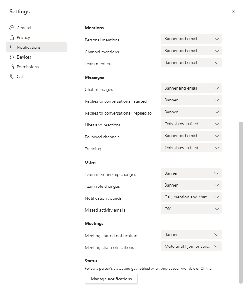 Notifications settings in Microsoft Teams