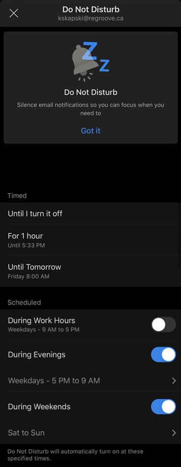 Do Not Disturb settings in Outlook for iOS