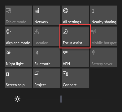 Focus Assist setting in Windows 10 Action Center