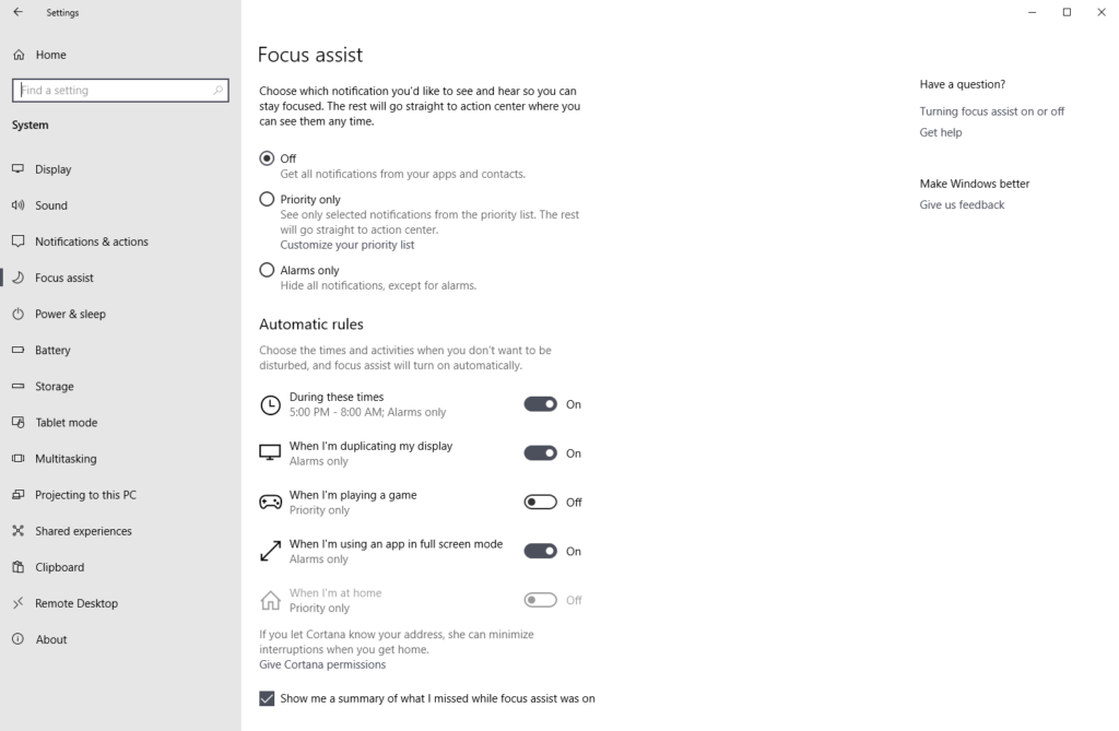 Focus Assist settings in Windows 10 System settings