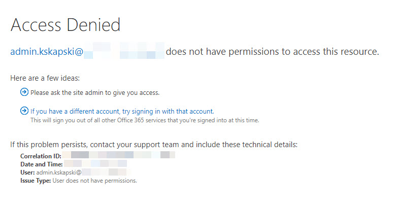 Access Denied error message for the SharePoint admin center